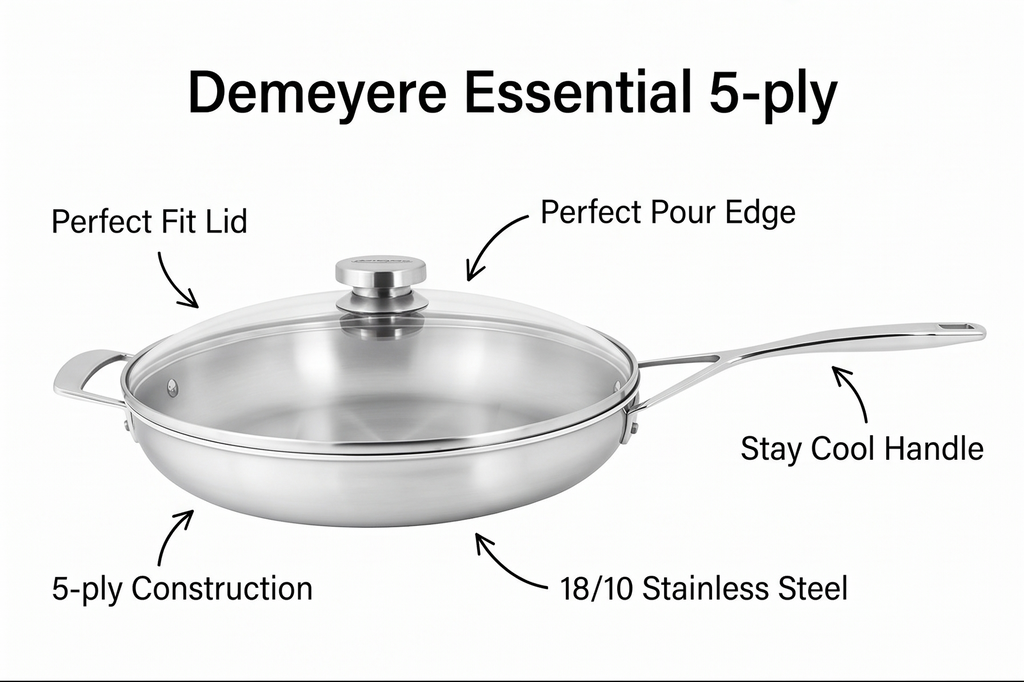Demeyere Essential 5-ply, 18/10 Stainless Steel, Stay Cool Handle, Oven Safe, Compatible with all Cooktops, Perfect Pour Edge, 12.5-inch with Perfect Fit Lid