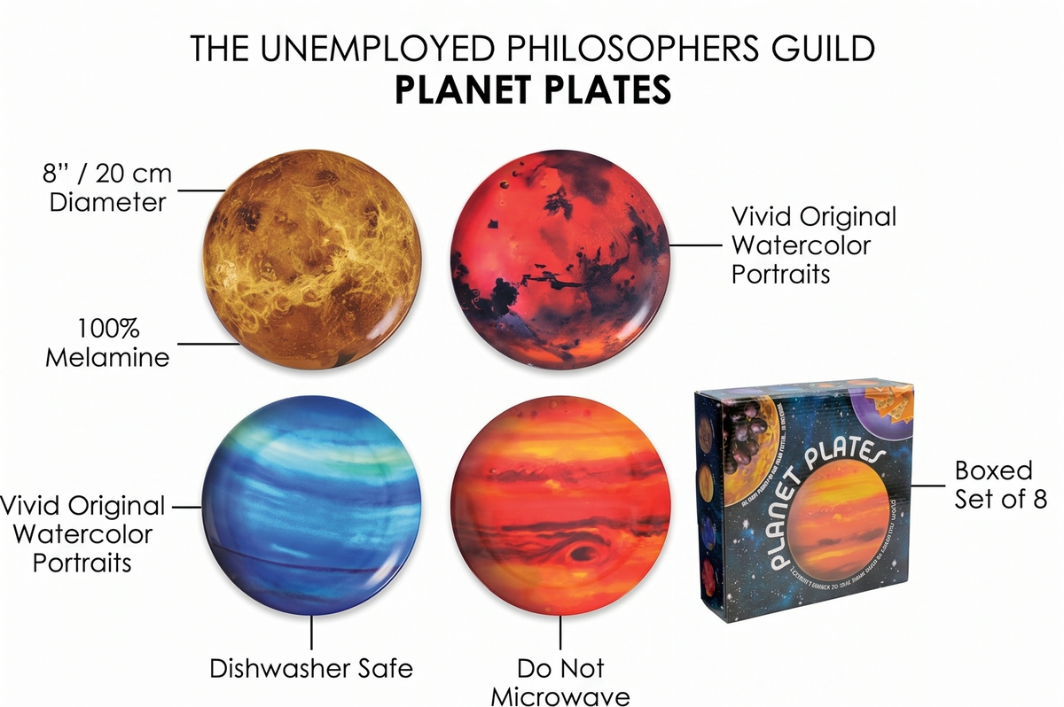 The Unemployed Philosophers Guild Planet Plates - 8" Melamine Astronomy Dessert Plates, Perfect for Appetizers and Snacks, Boxed Set of 8