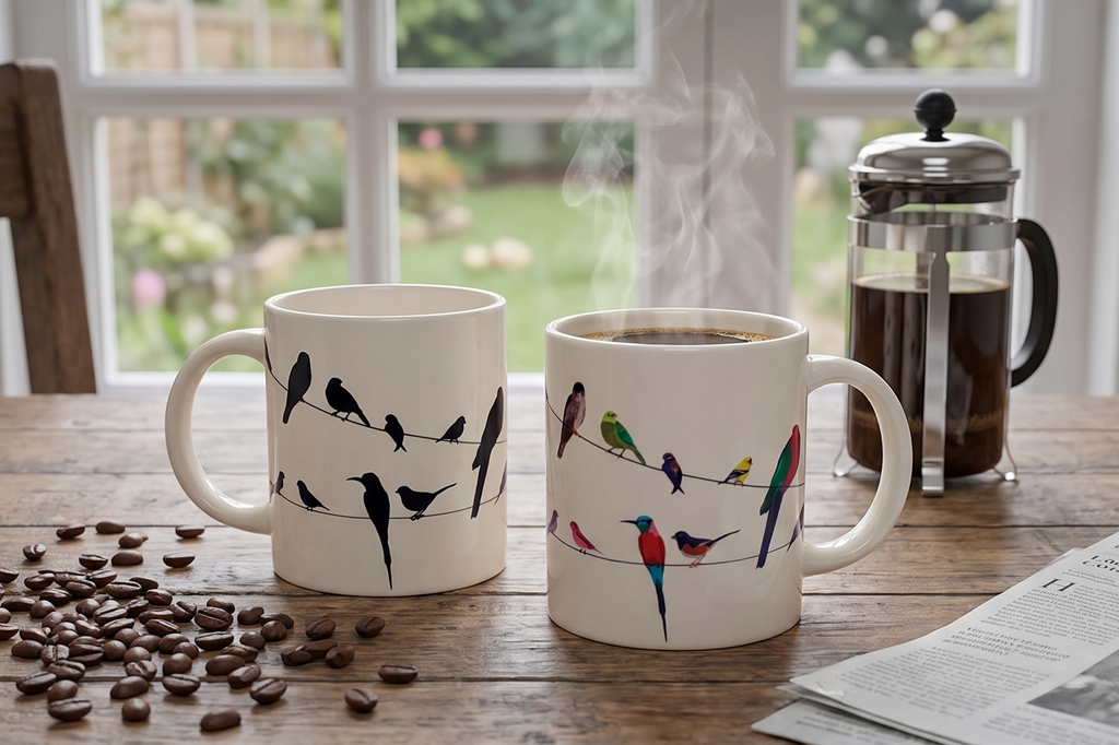 The Unemployed Philosophers Guild Birds on a Wire Heat Changing Mug - Add Coffee and Colorful Birds Appear, Comes in a Fun Box