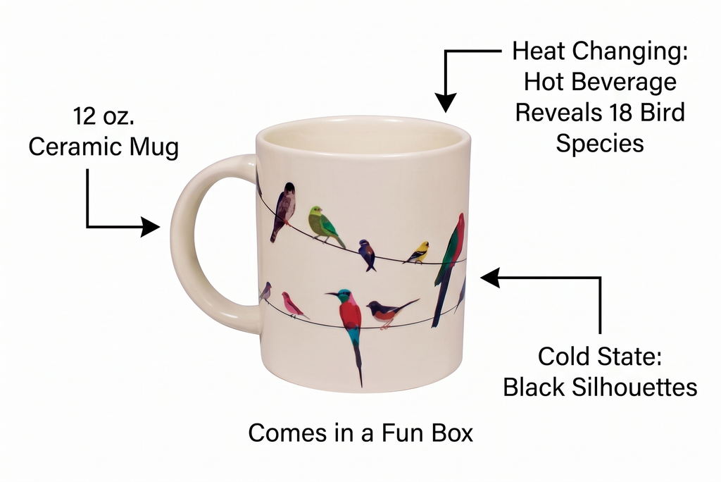 The Unemployed Philosophers Guild Birds on a Wire Heat Changing Mug - Add Coffee and Colorful Birds Appear, Comes in a Fun Box