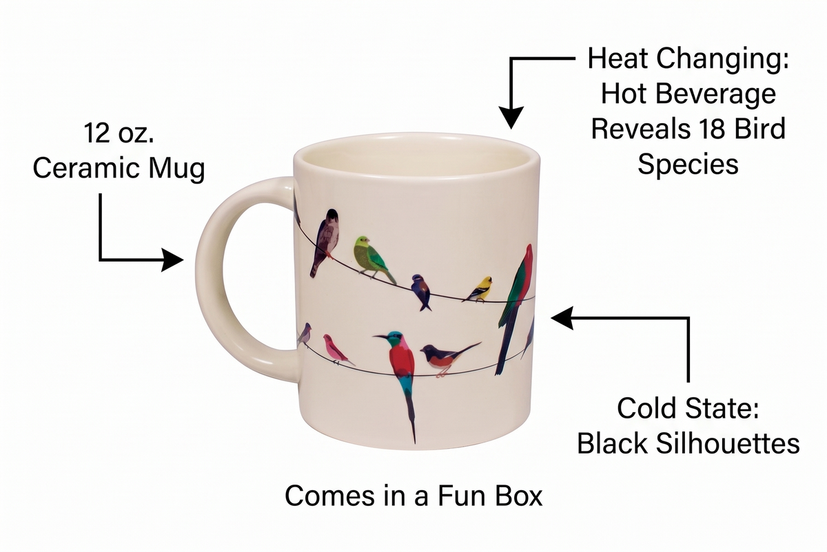 The Unemployed Philosophers Guild Birds on a Wire Heat Changing Mug - Add Coffee and Colorful Birds Appear, Comes in a Fun Box