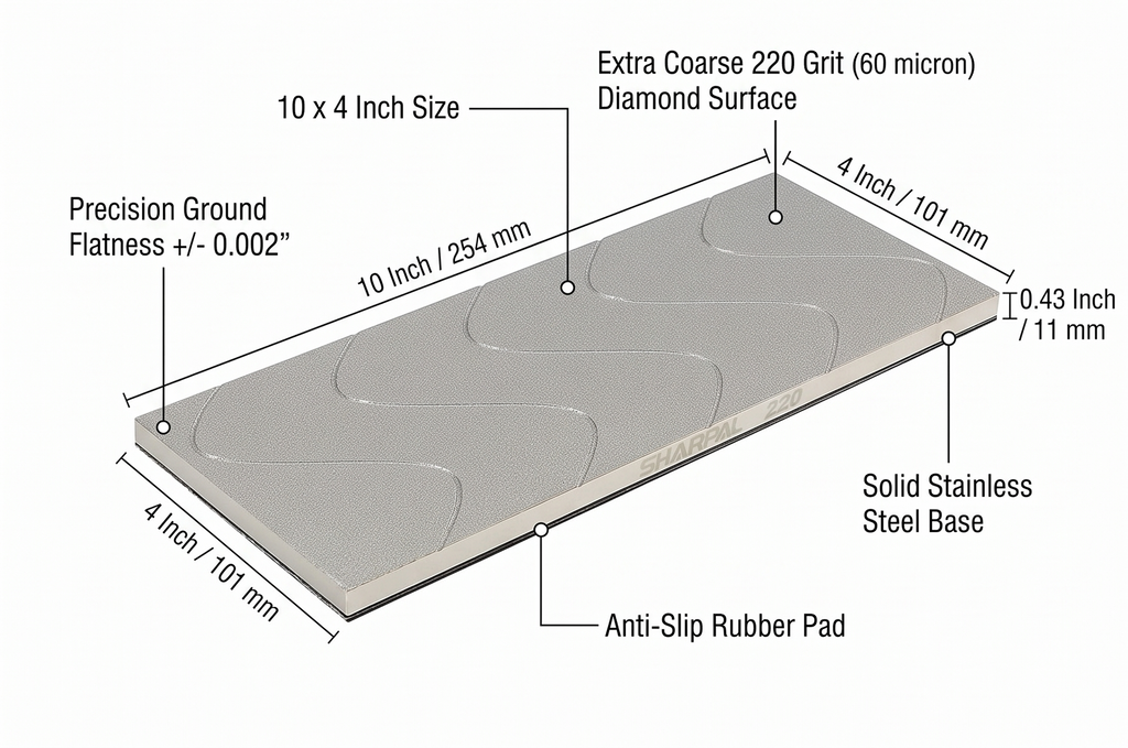 SHARPAL 145H 10 x 4 Inch Diamond Lapping Plate, Whetstone Flattener, Extra Coarse 220 Grit for Coarse Sharpening and Flattening Stones, Fix & Re-levelling, Premium Fathers Day Gift