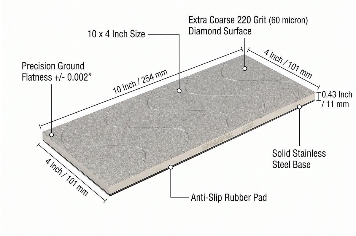 SHARPAL 145H 10 x 4 Inch Diamond Lapping Plate, Whetstone Flattener, Extra Coarse 220 Grit for Coarse Sharpening and Flattening Stones, Fix & Re-levelling, Premium Fathers Day Gift