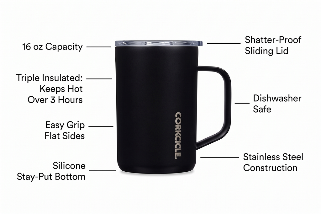 Corkcicle Classic Coffee Mug - Triple Insulated Stainless Steel for Travel - Shatter-Proof Lid - Easy Grip - Keeps Drink Hot Over 3 Hours - Holiday Mug Gift - Great for Gifting Warmth - 16 oz - Black