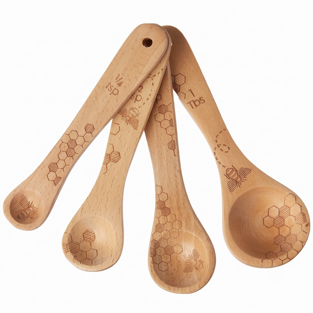 Talisman Designs Laser Etched Beechwood Measuring Spoons | Set of 4 | Honey Bee Design | Natural Wooden Measuring Spoons Set | Cute & Functional Kitchen Tools