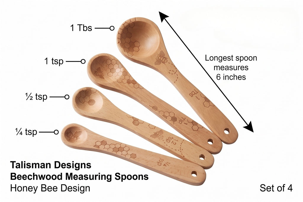 Talisman Designs Laser Etched Beechwood Measuring Spoons | Set of 4 | Honey Bee Design | Natural Wooden Measuring Spoons Set | Cute & Functional Kitchen Tools