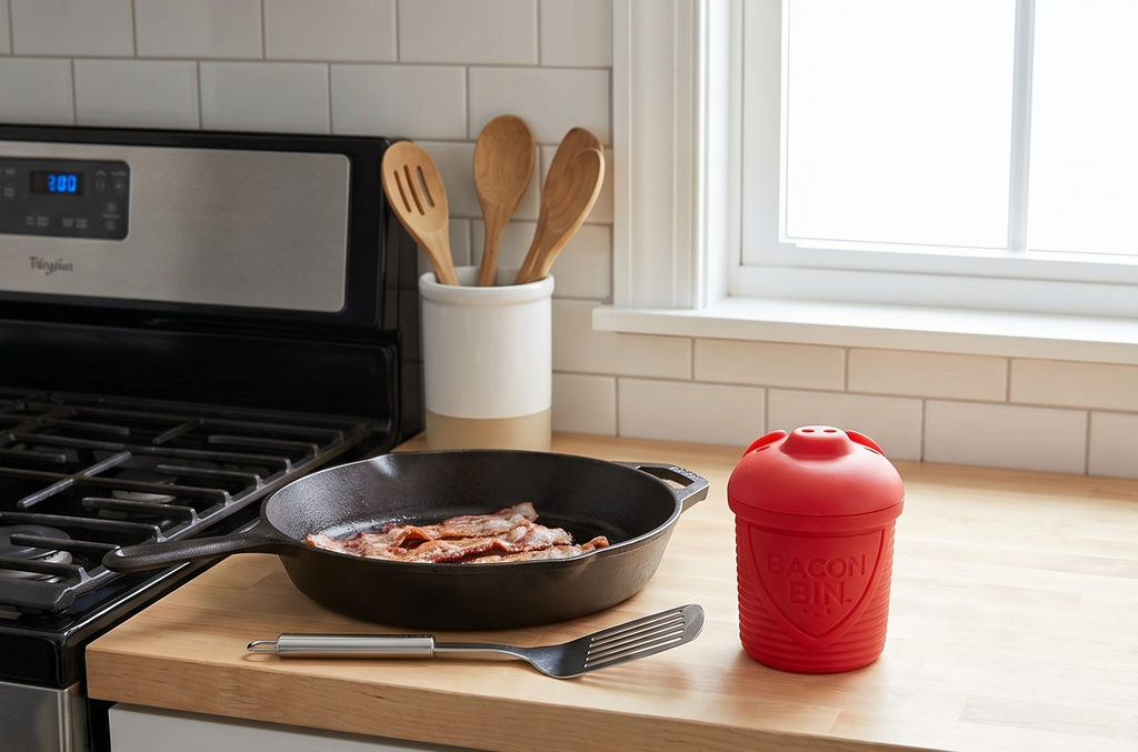 Talisman Designs Bacon Bin Grease Strainer & Collector | Family Friendly Kitchen Tools | Fun & Functional Silicone Grease Container | Holds up to 1 Cup | Red