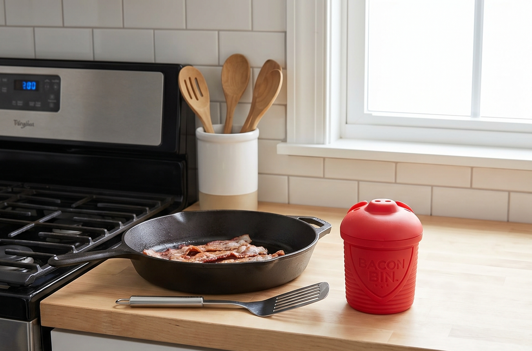 Talisman Designs Bacon Bin Grease Strainer & Collector | Family Friendly Kitchen Tools | Fun & Functional Silicone Grease Container | Holds up to 1 Cup | Red
