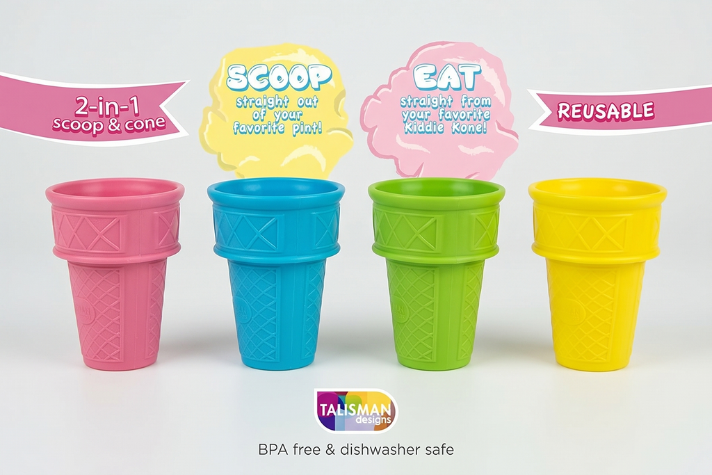 Talisman Designs Kiddie Kones Mini Ice Cream Cones in Pink, Blue, Green & Yellow | Set of 4 | Stand Upright for Cream, Frozen Yogurt & Sorbet