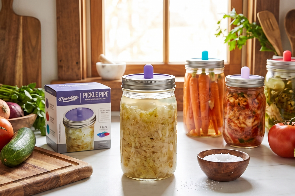 Masontops Pickle Pipes - Airlock Fermentation Lids - Fermentation Kit For Wide Mouth Mason Jar Sauerkraut & Pickle Kit - Fermentation Jar Not Included