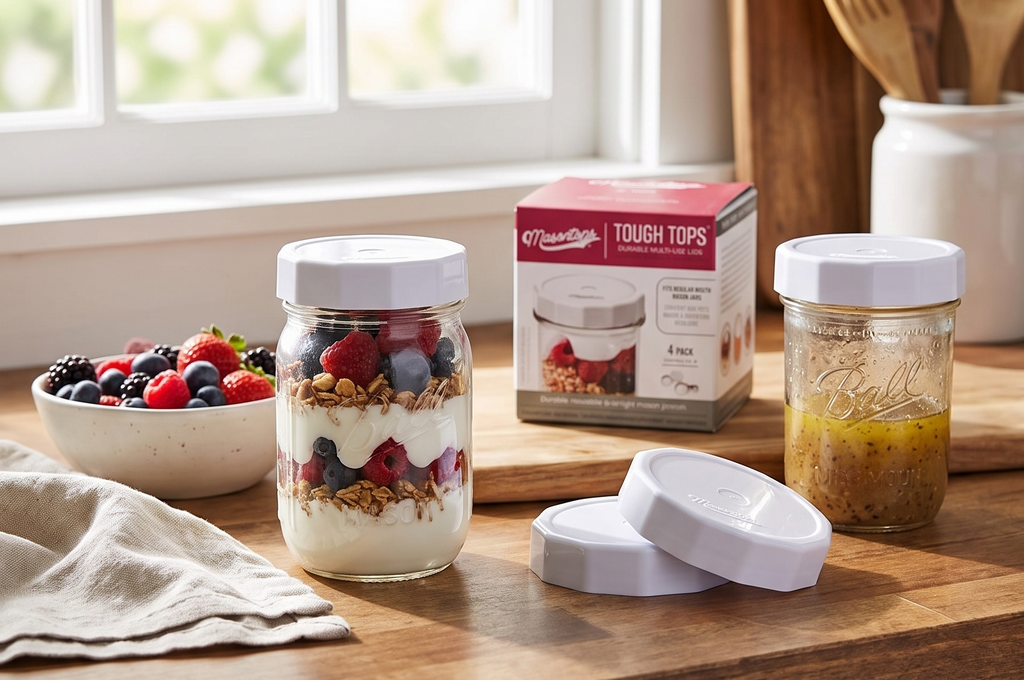 Masontops Tough Tops - Regular Mouth Mason Jar Lid - White - BPA-Free Plastic Screw Caps - Durable Reusable Jar Covers