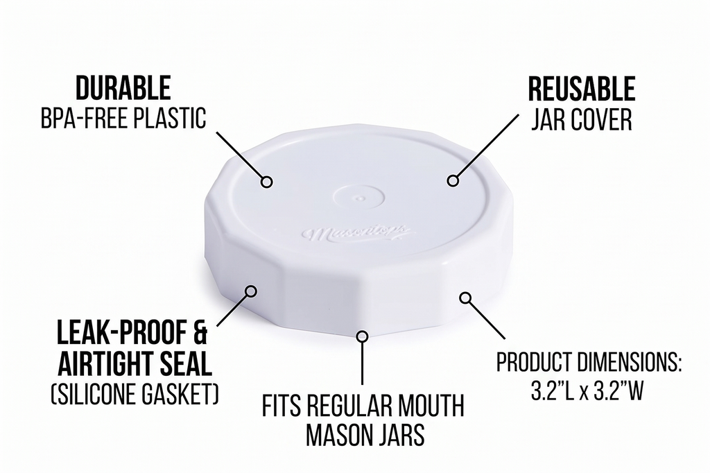 Masontops Tough Tops - Regular Mouth Mason Jar Lid - White - BPA-Free Plastic Screw Caps - Durable Reusable Jar Covers
