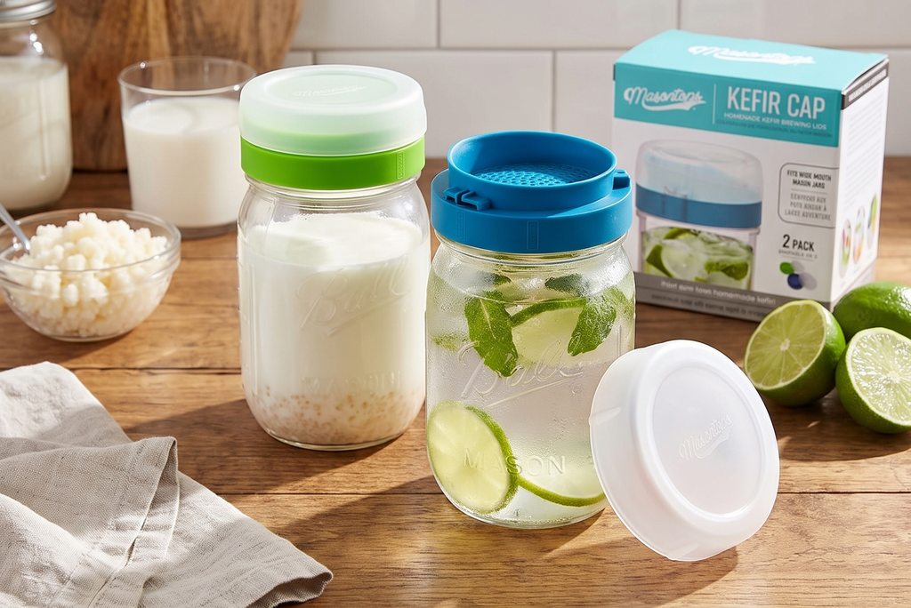 Masontops kefir lid mason jar lids wide mouth mason jar lids living culture grain drainer starter kit for home fermentation 2 packs