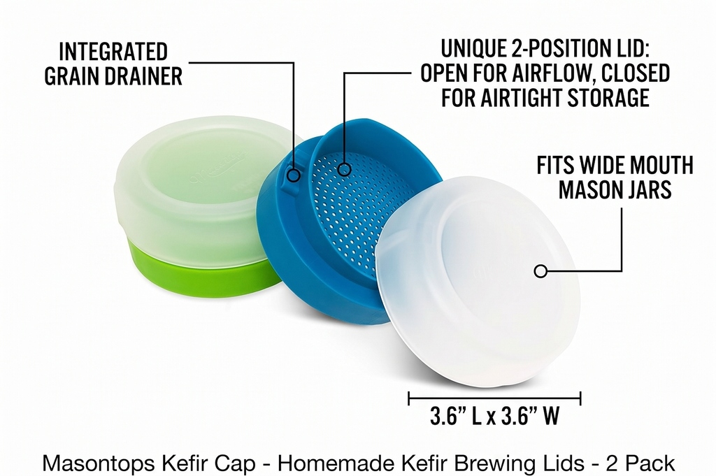 Masontops kefir lid mason jar lids wide mouth mason jar lids living culture grain drainer starter kit for home fermentation 2 packs