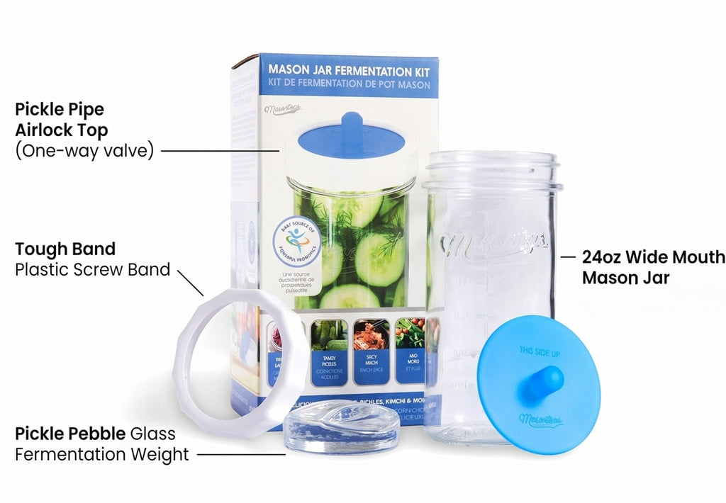 Masontops Fermentation Jar Starter Set, Easy Vegetable Fermentation Kit, Includes Mason Jar, Pickle Kit with Fermentation Lids & Fermentation Weight
