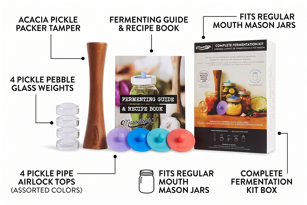Masontops Complete Mason Jar Fermentation Kit - Easy Small/Regular Mouth Jars Vegetable Fermenting Set - DIY Equipment Essentials