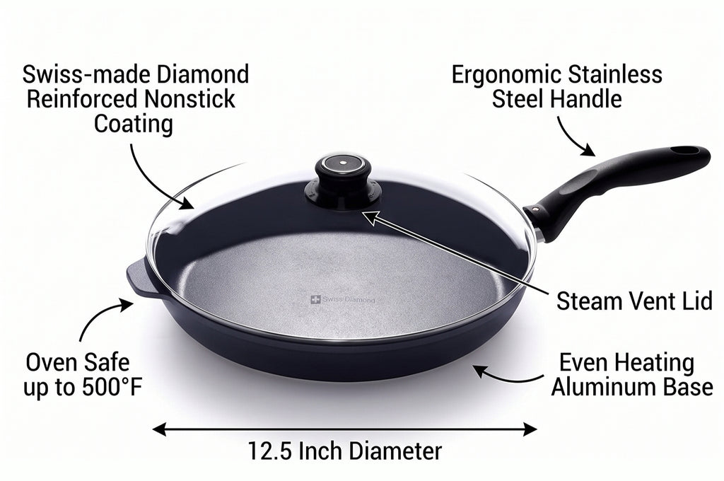 Swiss Diamond Frying Pans Nonstick with Lid, Features Nonstick Diamond Coated Aluminum Skillets and Oven Safe Frying Pans with Lids, Cover Included, 12.5 Inch