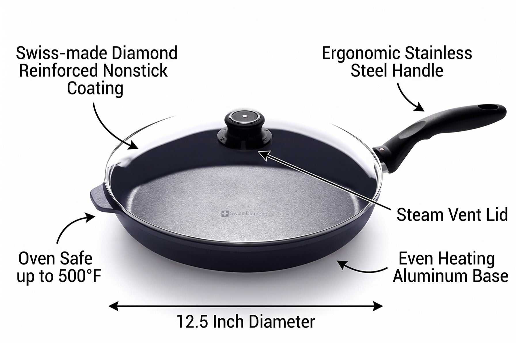 Swiss Diamond Frying Pans Nonstick with Lid, Features Nonstick Diamond Coated Aluminum Skillets and Oven Safe Frying Pans with Lids, Cover Included, 12.5 Inch
