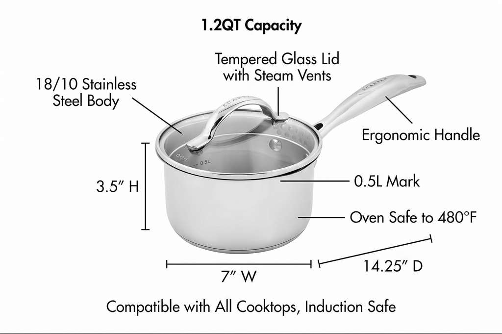 Scanpan STS Stainless Steel 1.2QT Saucepan with Lid, 18/10 Stainless Steel Body, Compatible with All Cooktops, Induction, Oven Safe to 480°F incl. lid, Professional Cookware, Silver