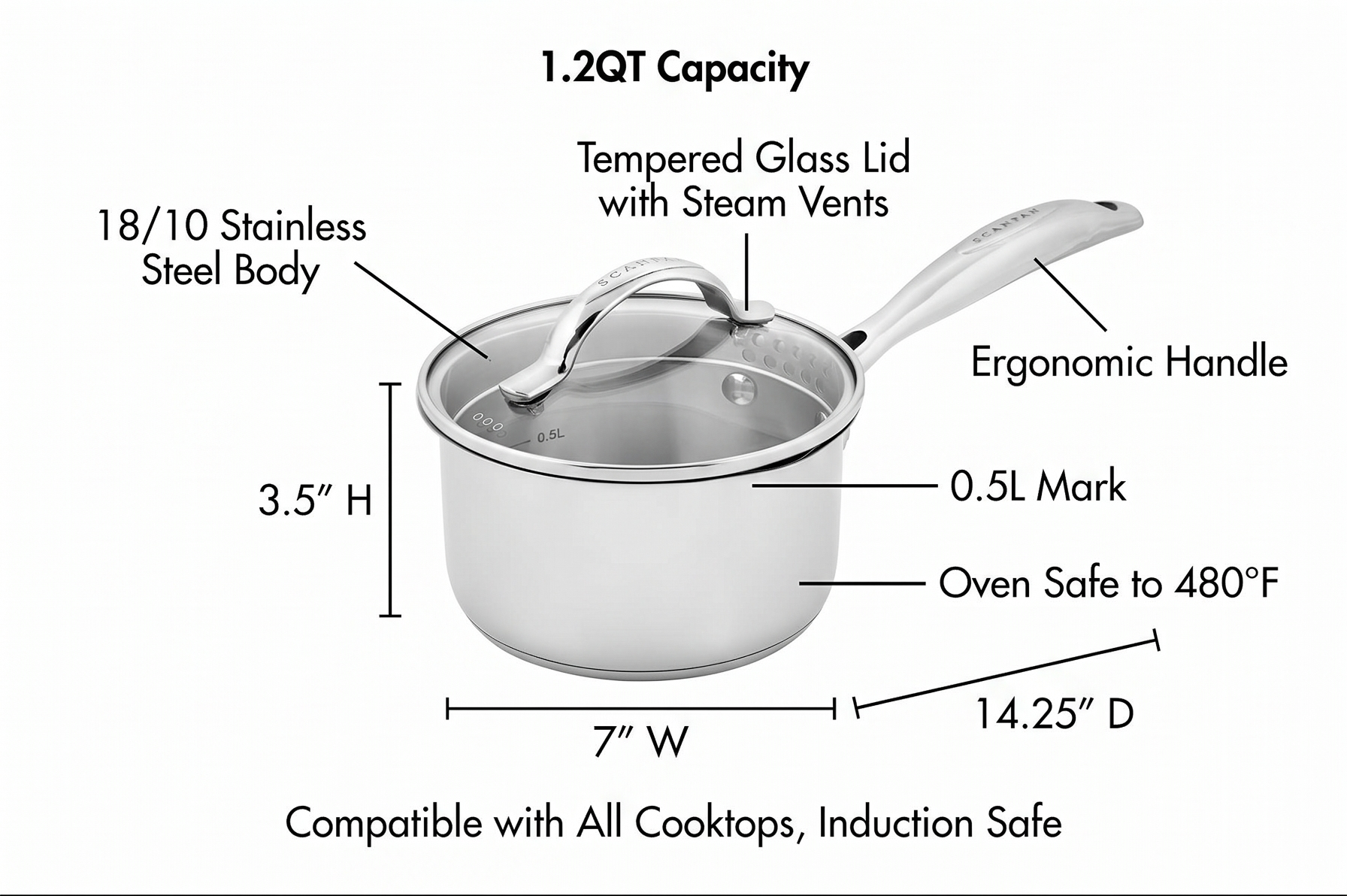 Scanpan STS Stainless Steel 1.2QT Saucepan with Lid, 18/10 Stainless Steel Body, Compatible with All Cooktops, Induction, Oven Safe to 480°F incl. lid, Professional Cookware, Silver