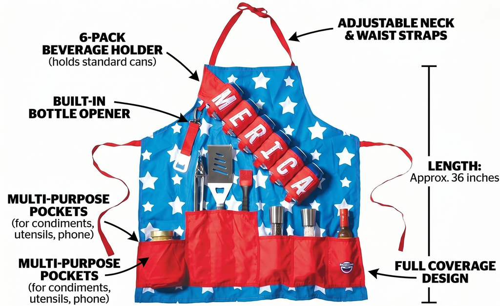 BigMouth Inc American Dream BBQ Apron, 6 Pocket Storage, Built-in Bottle Opener, Funny Grilling Gift and 4th of July Outfit for Men