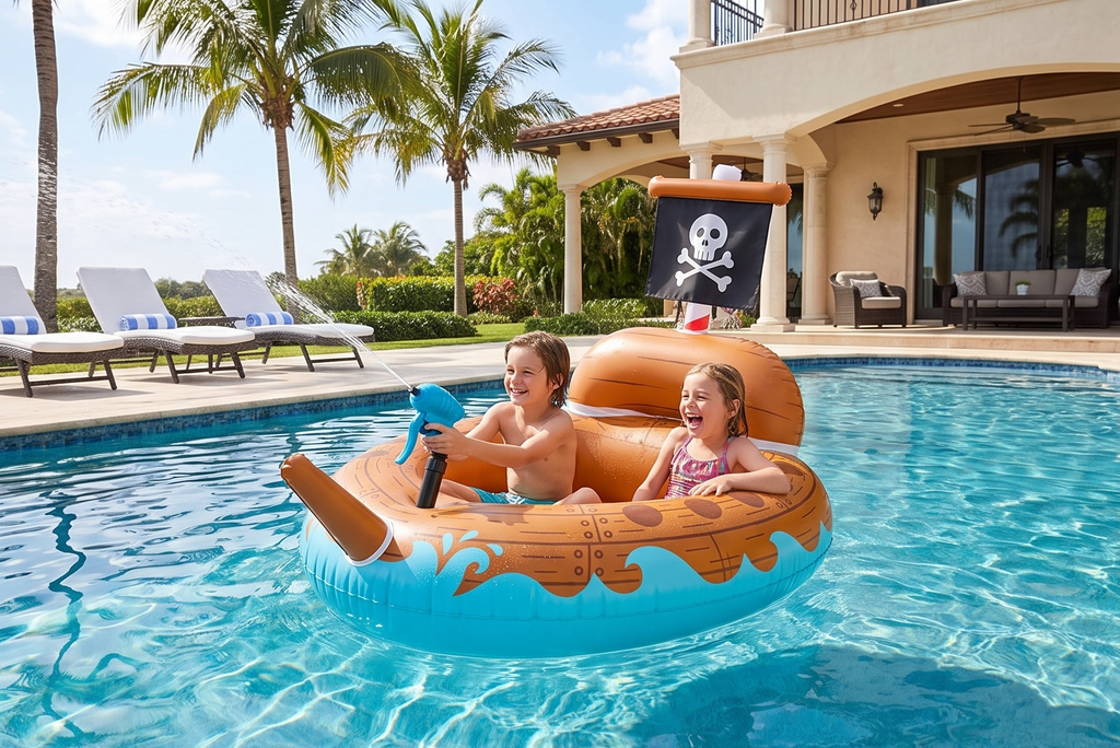 Pirate Ship Water Blaster Float, Inflatable Ride-On with Spray Gun for Kids, Outdoor Swim Toy