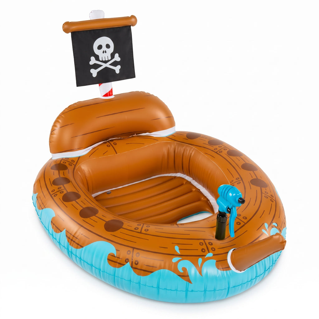 Pirate Ship Water Blaster Float, Inflatable Ride-On with Spray Gun for Kids, Outdoor Swim Toy