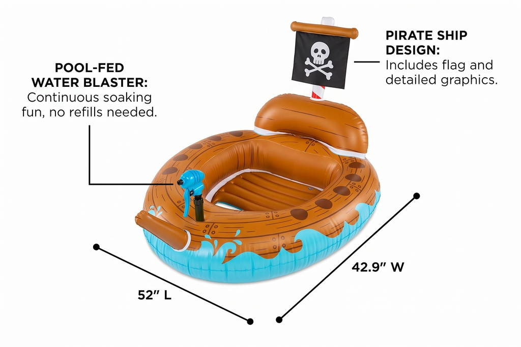 Pirate Ship Water Blaster Float, Inflatable Ride-On with Spray Gun for Kids, Outdoor Swim Toy