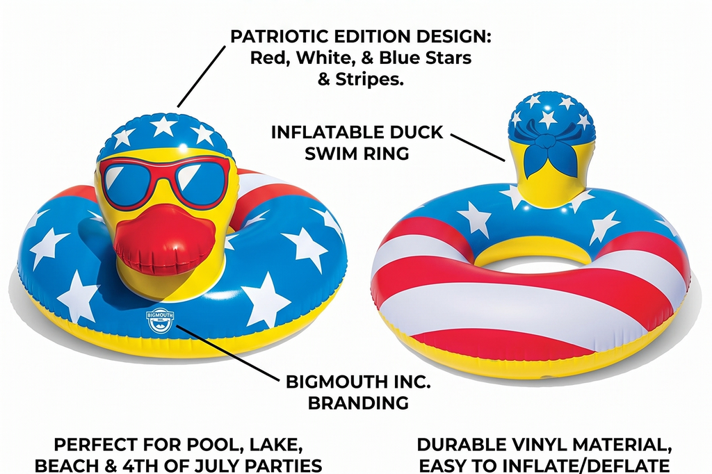 Patriotic Rubber Duck Pool Float – Red White and Blue Inflatable Duck Swim Ring for Pool Lake Beach and 4th of July Parties