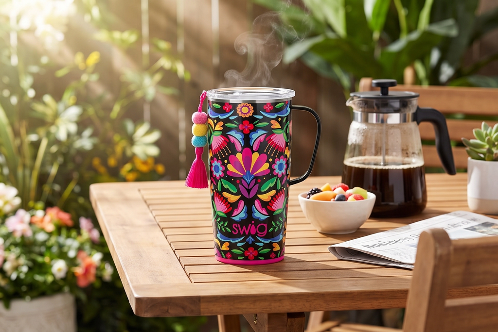 Swig Life Stainless Steel 22oz Travel Mug, Insulated Tumbler with Handle and Lid, Cup Holder Friendly, Dishwasher Safe, Caliente