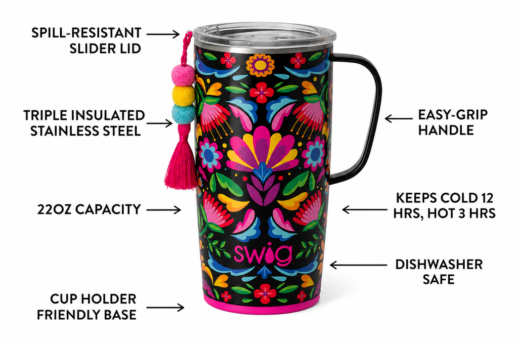 Swig Life Stainless Steel 22oz Travel Mug, Insulated Tumbler with Handle and Lid, Cup Holder Friendly, Dishwasher Safe, Caliente