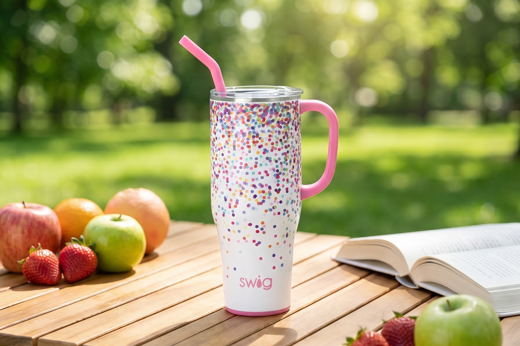 Swig Life 40oz Mega Mug, 40 oz Tumbler with Handle and Straw, Cup Holder Friendly, Dishwasher Safe, Stainless Steel, Lightweight Extra Large Insulated Glitter Water Bottle, Glitter Gifts (Confetti)