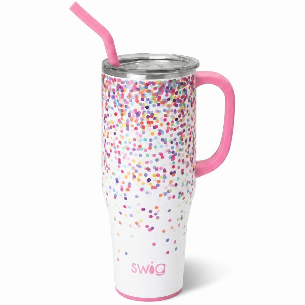 Swig Life 40oz Mega Mug, 40 oz Tumbler with Handle and Straw, Cup Holder Friendly, Dishwasher Safe, Stainless Steel, Lightweight Extra Large Insulated Glitter Water Bottle, Glitter Gifts (Confetti)