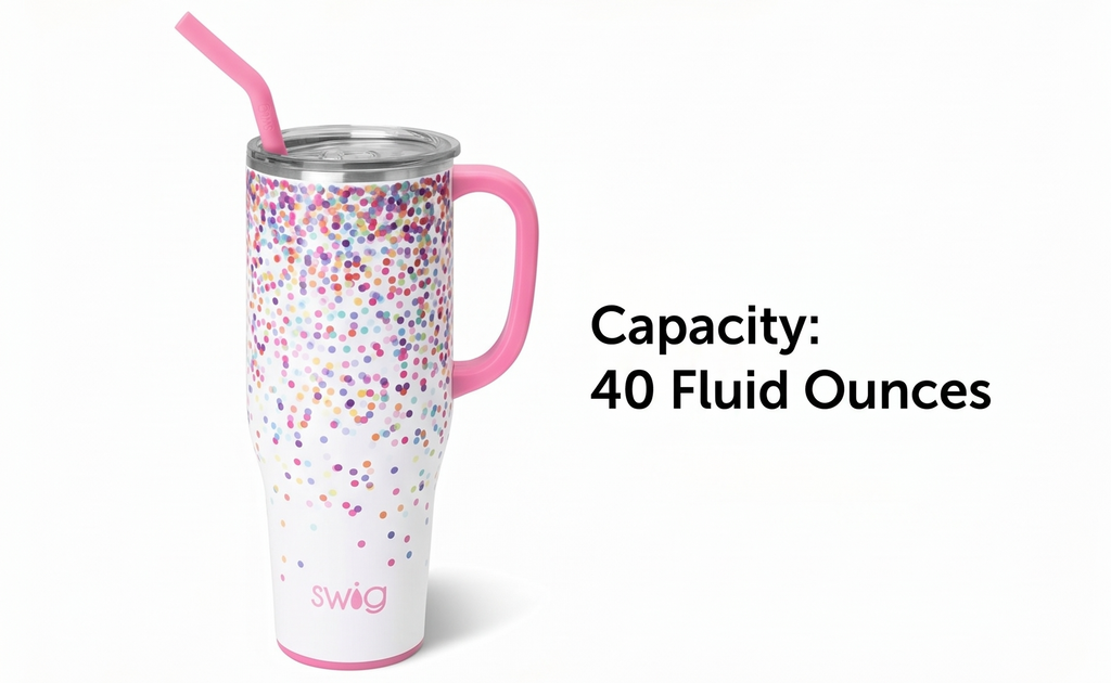 Swig Life 40oz Mega Mug, 40 oz Tumbler with Handle and Straw, Cup Holder Friendly, Dishwasher Safe, Stainless Steel, Lightweight Extra Large Insulated Glitter Water Bottle, Glitter Gifts (Confetti)
