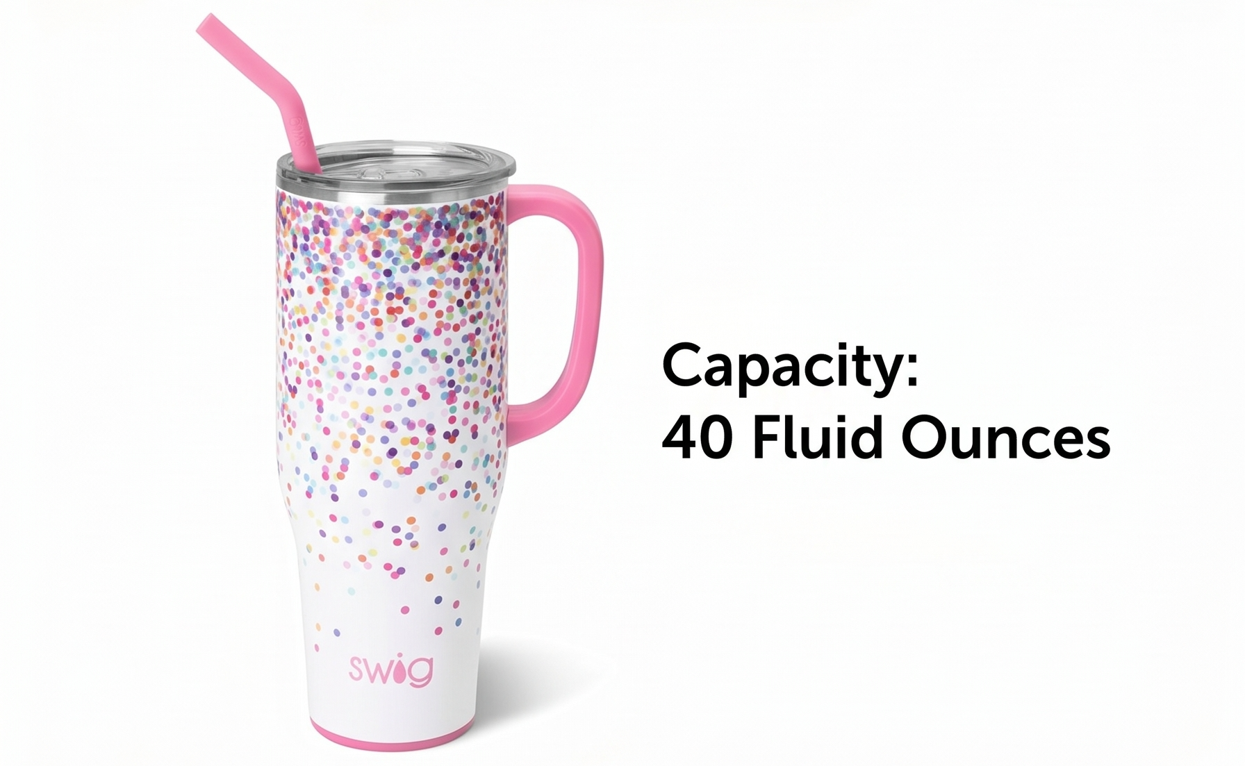Swig Life 40oz Mega Mug, 40 oz Tumbler with Handle and Straw, Cup Holder Friendly, Dishwasher Safe, Stainless Steel, Lightweight Extra Large Insulated Glitter Water Bottle, Glitter Gifts (Confetti)