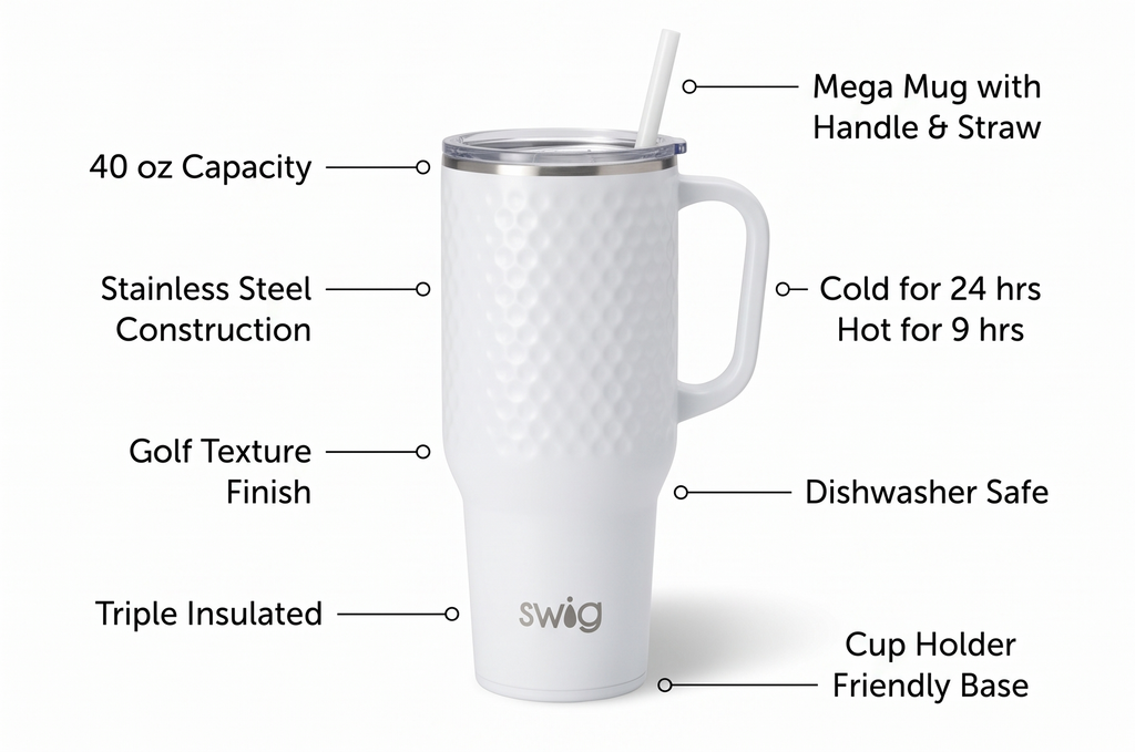 Swig Life 40oz Mega Mug, 40 oz Tumbler with Handle and Straw, Cup Holder Friendly, Dishwasher Safe, Extra Large Insulated Tumbler, Stainless Steel (Golf)