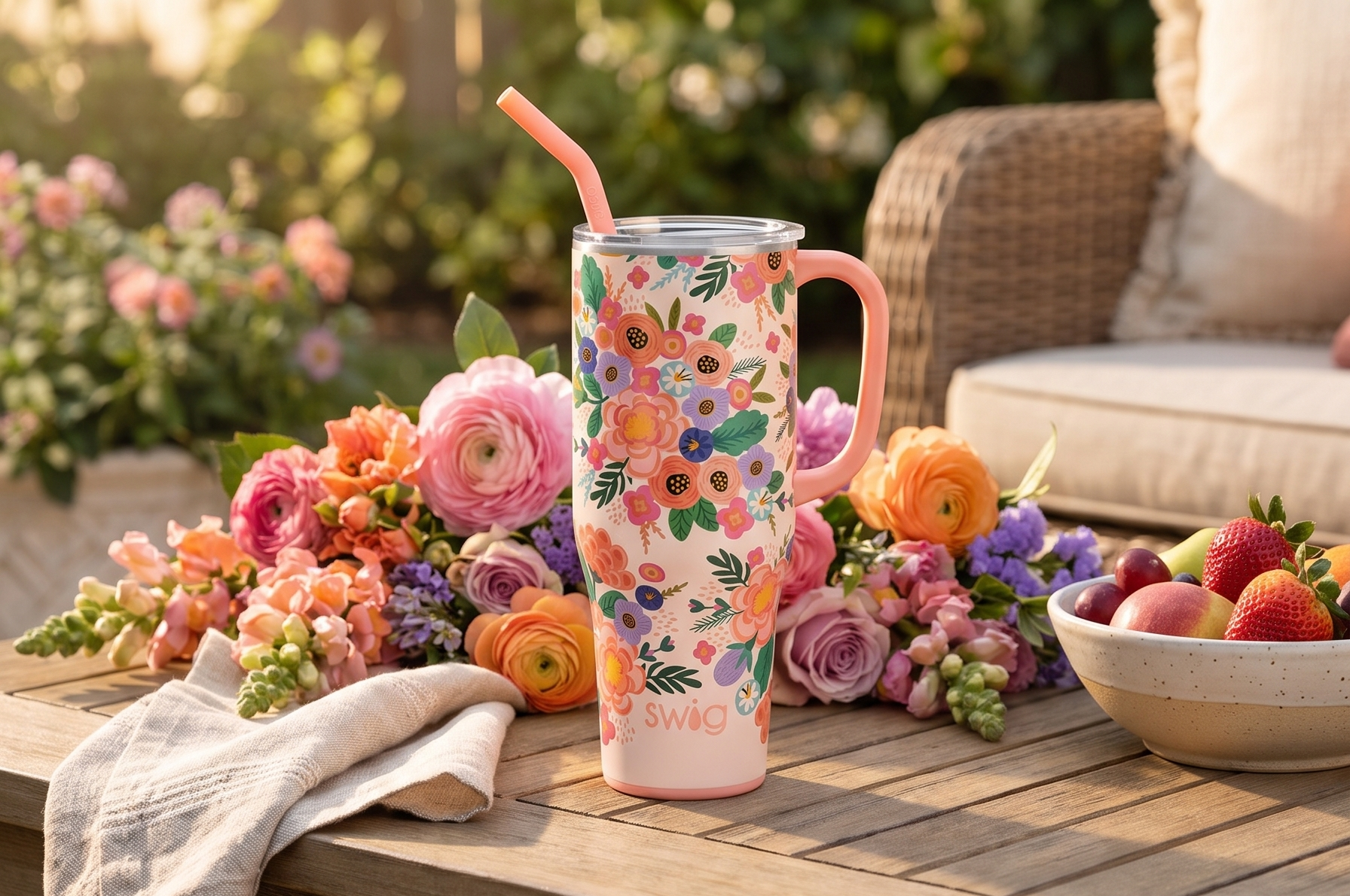 Swig Life 40oz Mega Mug, 40 oz Tumbler with Handle and Straw, Cup Holder Friendly, Dishwasher Safe, Lightweight Extra Large Insulated Tumbler, Stainless Steel (Full Bloom)