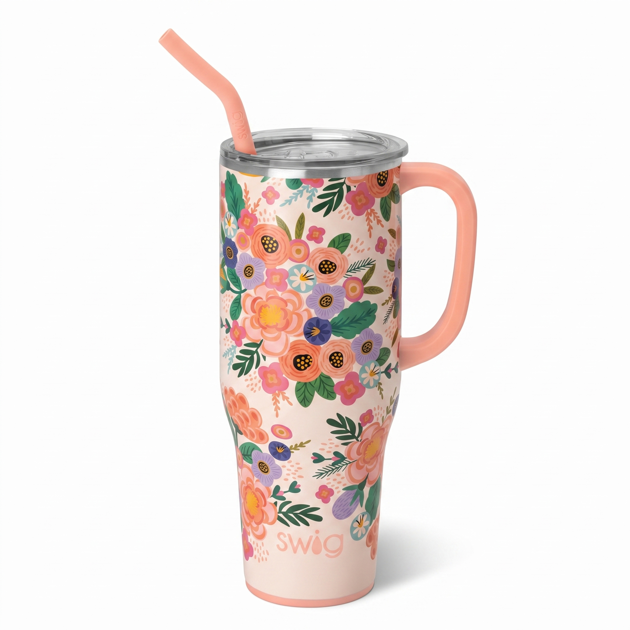 Swig Life 40oz Mega Mug, 40 oz Tumbler with Handle and Straw, Cup Holder Friendly, Dishwasher Safe, Lightweight Extra Large Insulated Tumbler, Stainless Steel (Full Bloom)