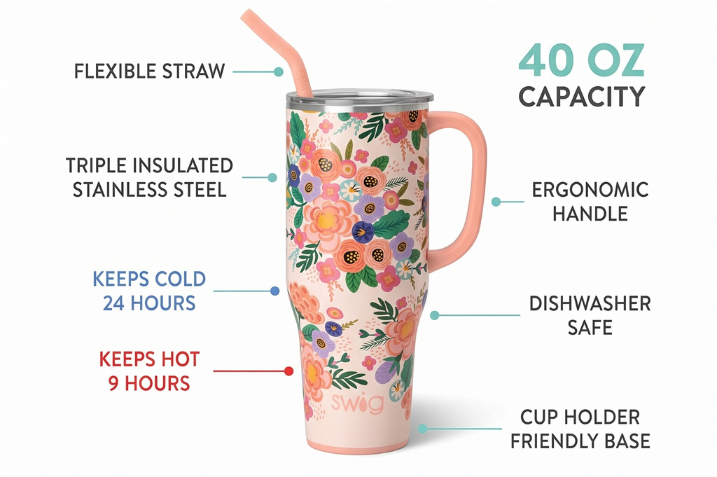 Swig Life 40oz Mega Mug, 40 oz Tumbler with Handle and Straw, Cup Holder Friendly, Dishwasher Safe, Lightweight Extra Large Insulated Tumbler, Stainless Steel (Full Bloom)