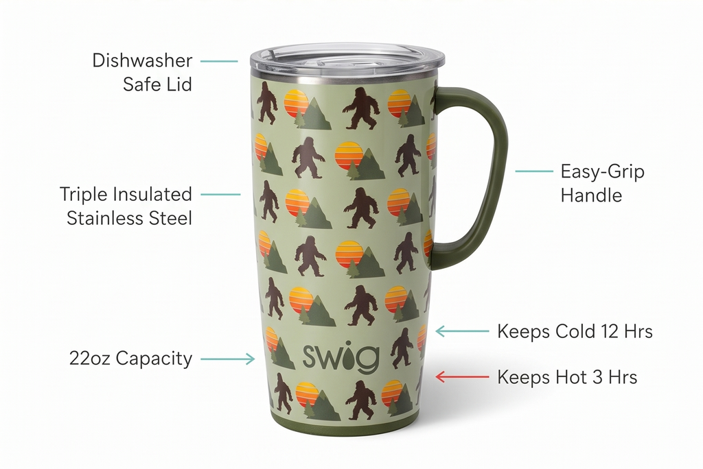 Swig Life 22oz Travel Mug, Insulated Tumbler with Handle and Lid, Cup Holder Friendly, Dishwasher Safe, Stainless Steel, Travel Coffee Cup, Insulated Mug with Lid (Wild Thing)
