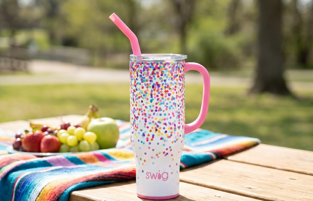 Swig Life 30oz Mega Mug, 30 oz Tumbler with Handle and Straw, Cup Holder Friendly, Dishwasher Safe, Extra Large Insulated Tumbler, Stainless Steel (Confetti)