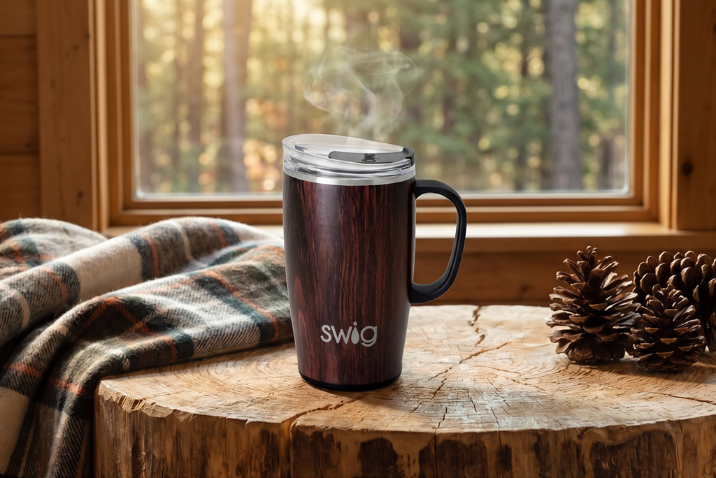 Swig Life 18oz Travel Mug, Insulated Tumbler with Handle and Lid, Cup Holder Friendly, Dishwasher Safe, Stainless Steel, Travel Coffee Cup (Bourbon Barrel)