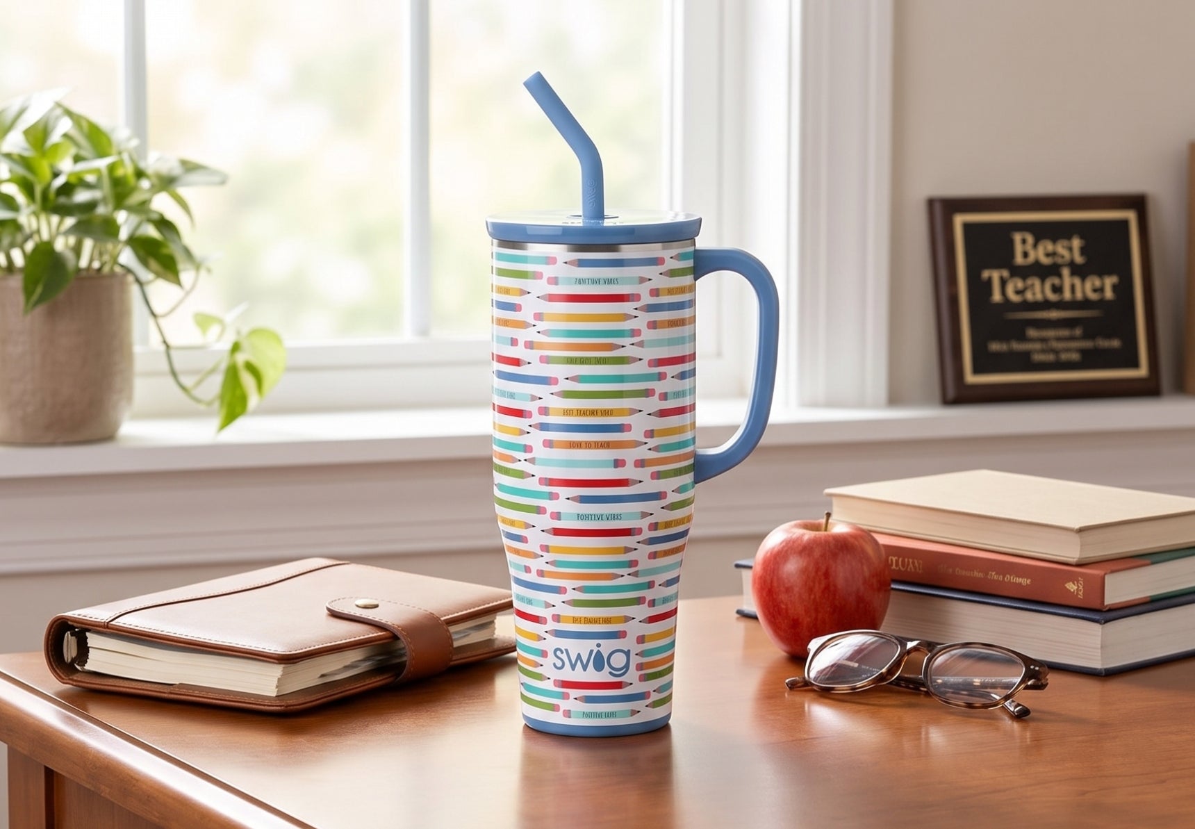 Swig Life 40oz Mega Mug, 40 oz Tumbler with Handle and Straw, Cup Holder Friendly, Dishwasher Safe, Stainless Steel, Insulated Teacher Tumbler (Teacher Life)