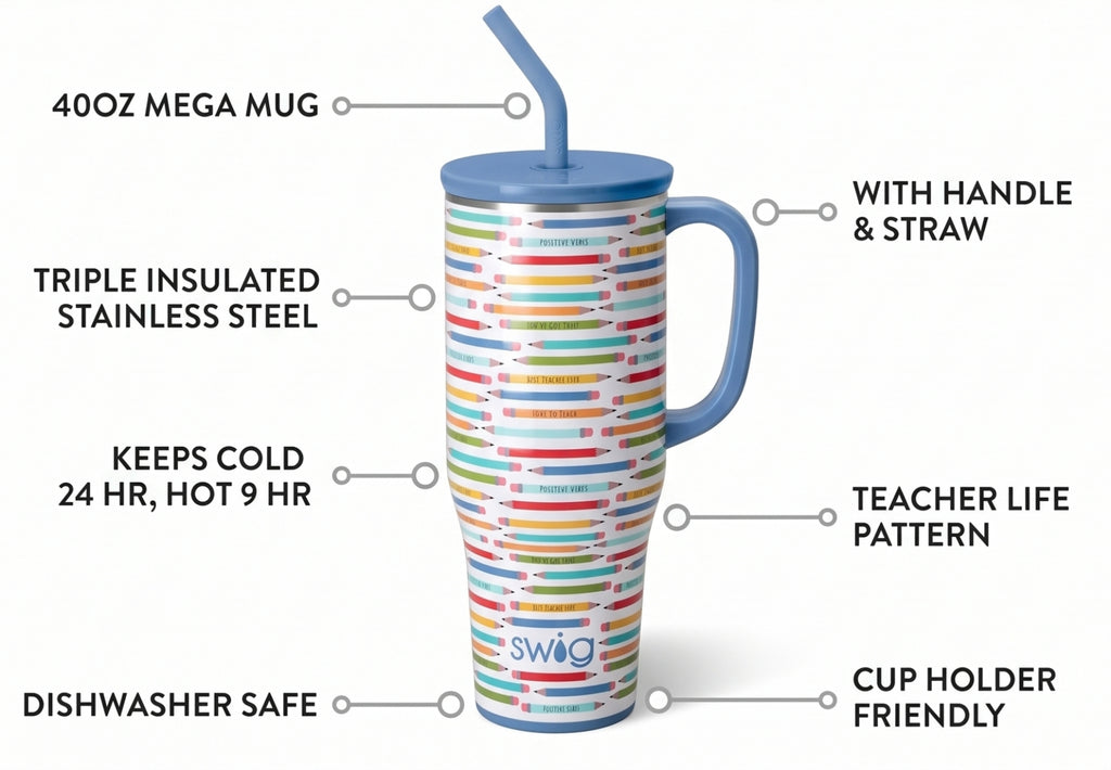 Swig Life 40oz Mega Mug, 40 oz Tumbler with Handle and Straw, Cup Holder Friendly, Dishwasher Safe, Stainless Steel, Insulated Teacher Tumbler (Teacher Life)