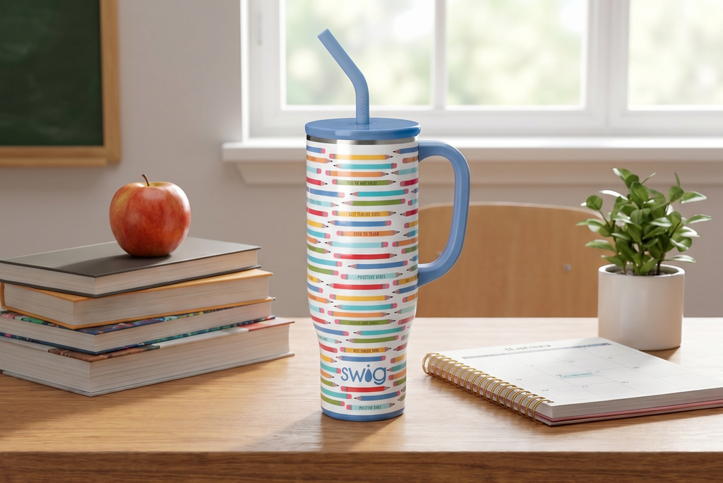 Swig Life 30oz Mega Mug, 30 oz Tumbler with Handle and Straw, Cup Holder Friendly, Dishwasher Safe, Extra Large Insulated Tumbler, Stainless Steel Water Bottle (Teacher Life)