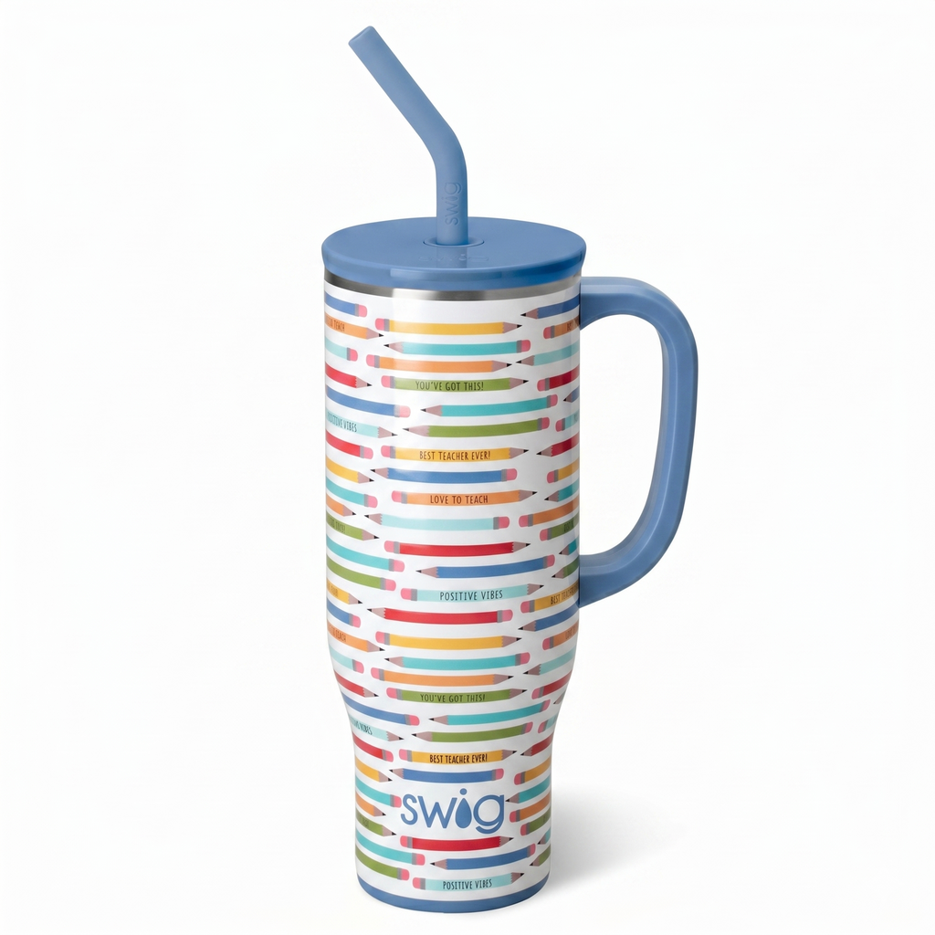 Swig Life 30oz Mega Mug, 30 oz Tumbler with Handle and Straw, Cup Holder Friendly, Dishwasher Safe, Extra Large Insulated Tumbler, Stainless Steel Water Bottle (Teacher Life)