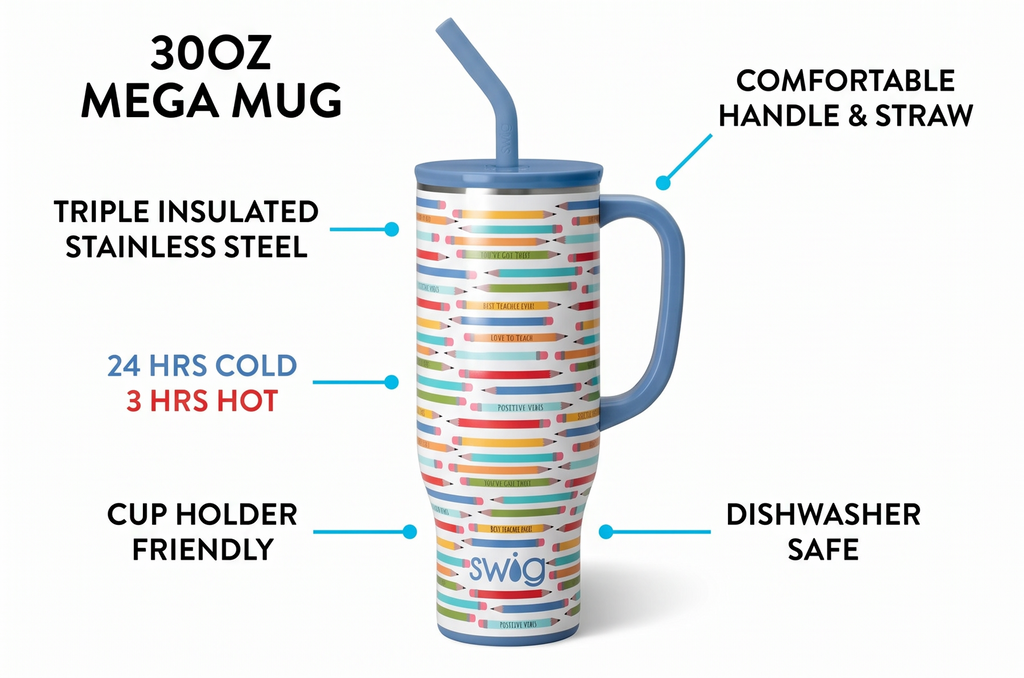 Swig Life 30oz Mega Mug, 30 oz Tumbler with Handle and Straw, Cup Holder Friendly, Dishwasher Safe, Extra Large Insulated Tumbler, Stainless Steel Water Bottle (Teacher Life)