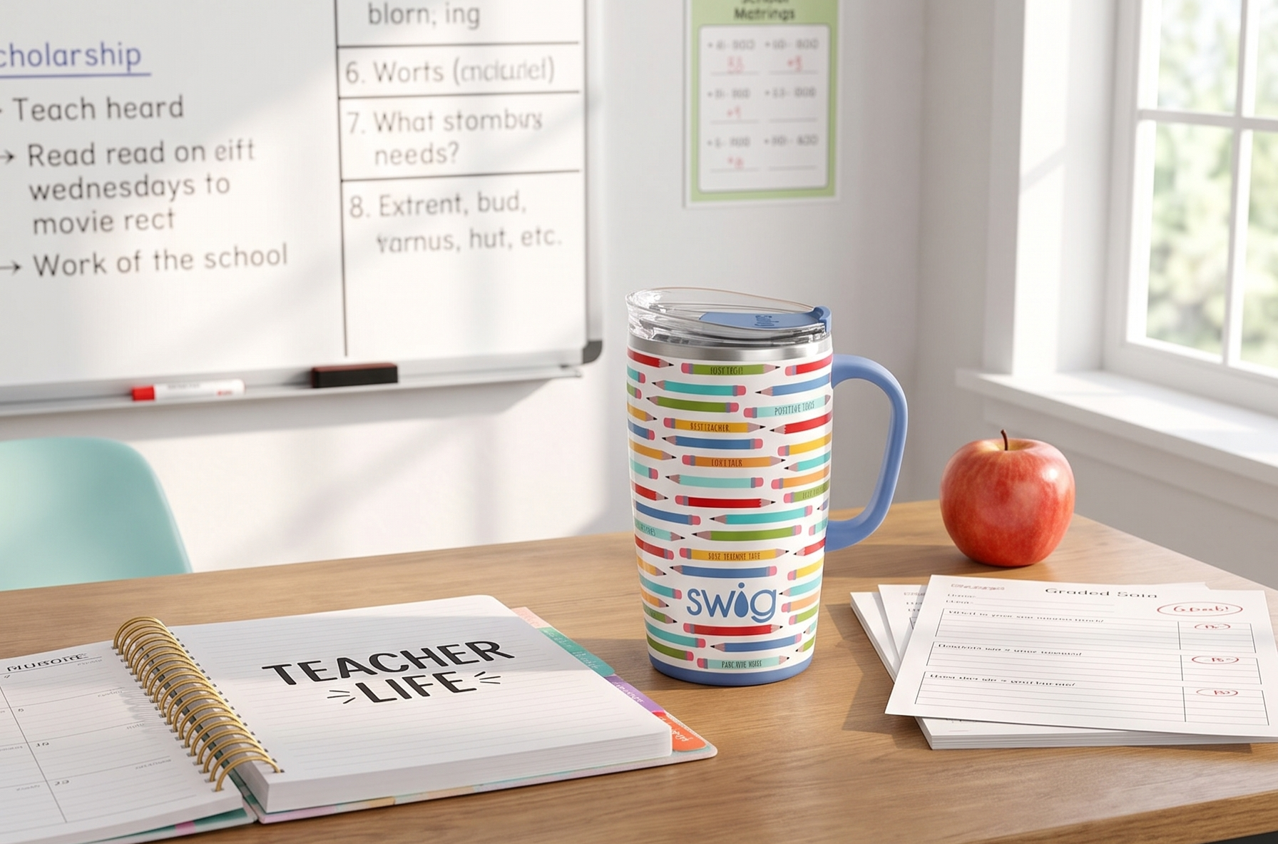 Swig Life 18oz Travel Mug, Insulated Tumbler with Handle and Lid, Cup Holder Friendly, Dishwasher Safe, Stainless Steel, Teacher Gift (Teacher Life)