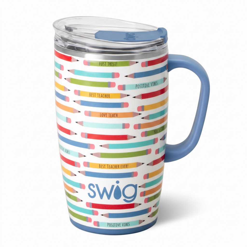 Swig Life 18oz Travel Mug, Insulated Tumbler with Handle and Lid, Cup Holder Friendly, Dishwasher Safe, Stainless Steel, Teacher Gift (Teacher Life)