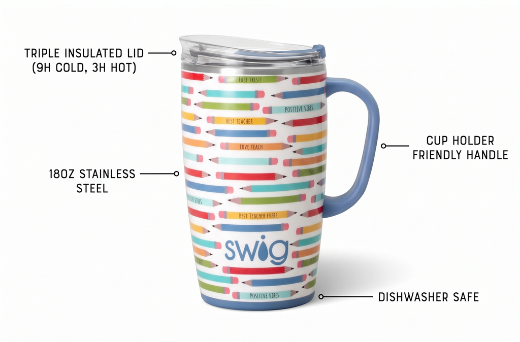 Swig Life 18oz Travel Mug, Insulated Tumbler with Handle and Lid, Cup Holder Friendly, Dishwasher Safe, Stainless Steel, Teacher Gift (Teacher Life)